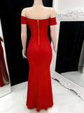 Off-the-shoulder Stretch Crepe Sheath/Column Prom Dress with Split Front and Floor-length Style