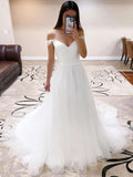 Off-the-shoulder Tulle Ball Gown Wedding Dress with Ruffles and Sweep Train