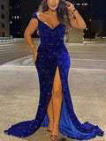 Off-the-shoulder Velvet Sequins Prom Dress with Split Front and Sweep Train