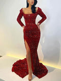 Off-the-shoulder Velvet Sequins Split Front Prom Dresses in Sheath/Column Sweep Train