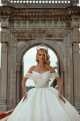 Off-the-Shoulder Wedding Dress Ball Gown With Lace Sequins-27dress