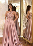 One-Shoulder Ball-Gown Prom Dresses with Split Front & Satin Sweep Train-27dress