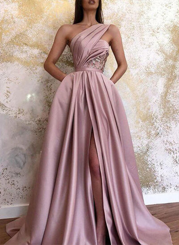 One-Shoulder Ball-Gown Prom Dresses with Split Front & Satin Sweep Train-27dress