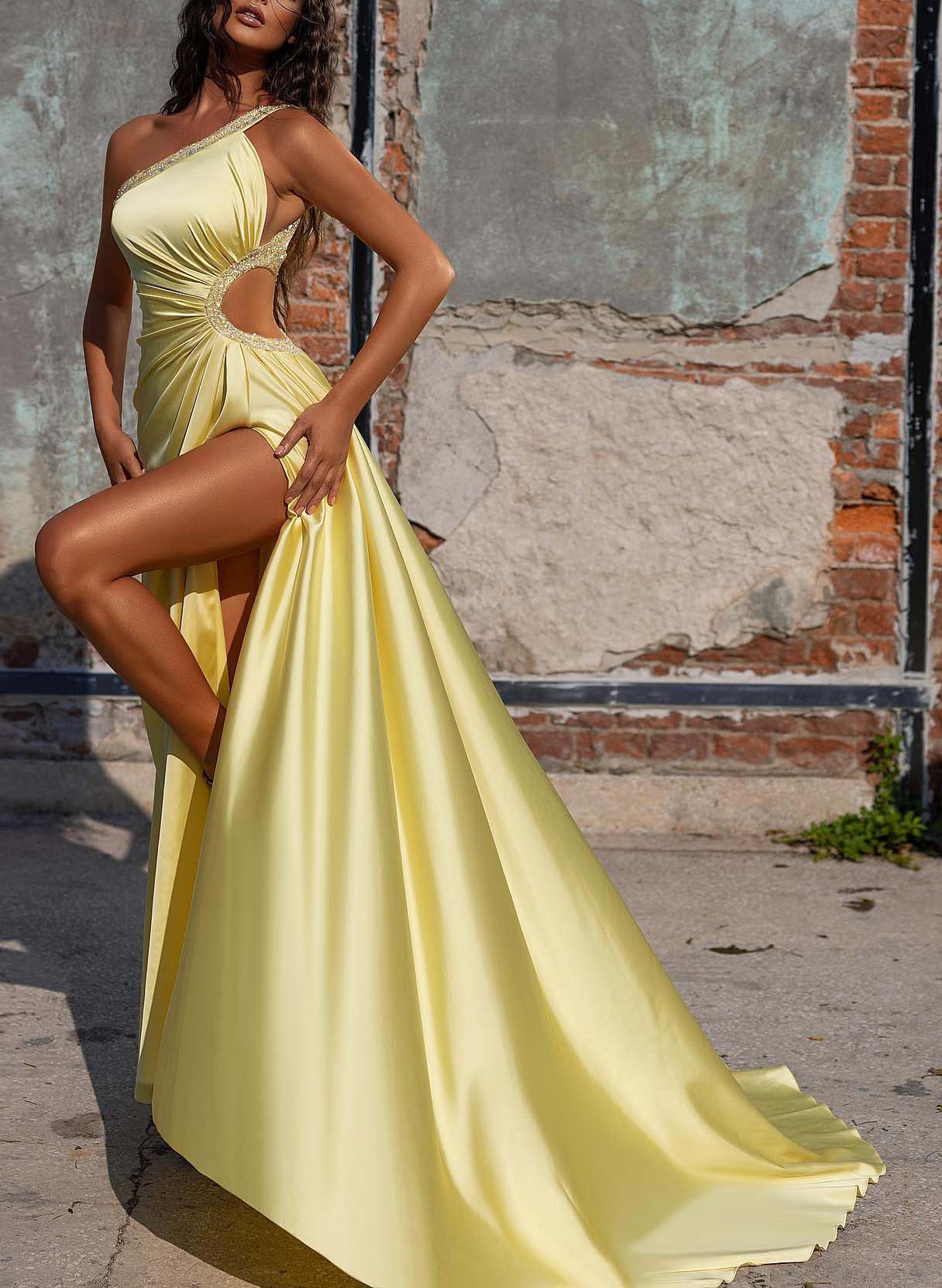 One-Shoulder Beading Satin A-Line Prom Dresses-27dress