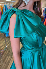 One Shoulder Bow Tie Emerald Green Long Prom Dress