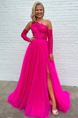 One Shoulder Fuchsia Lace Top A-Line Tulle Prom Dress