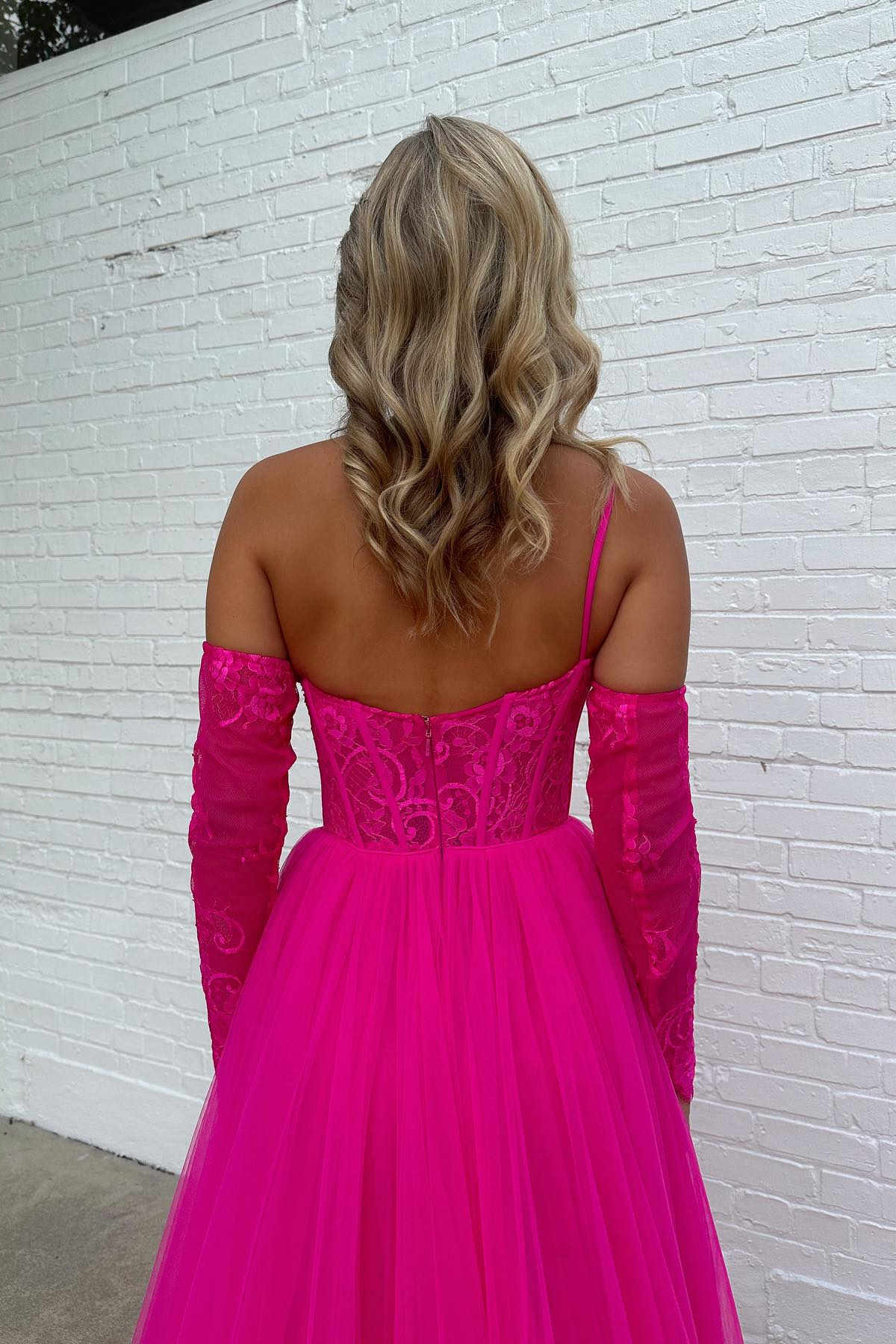 One Shoulder Fuchsia Lace Top A-Line Tulle Prom Dress