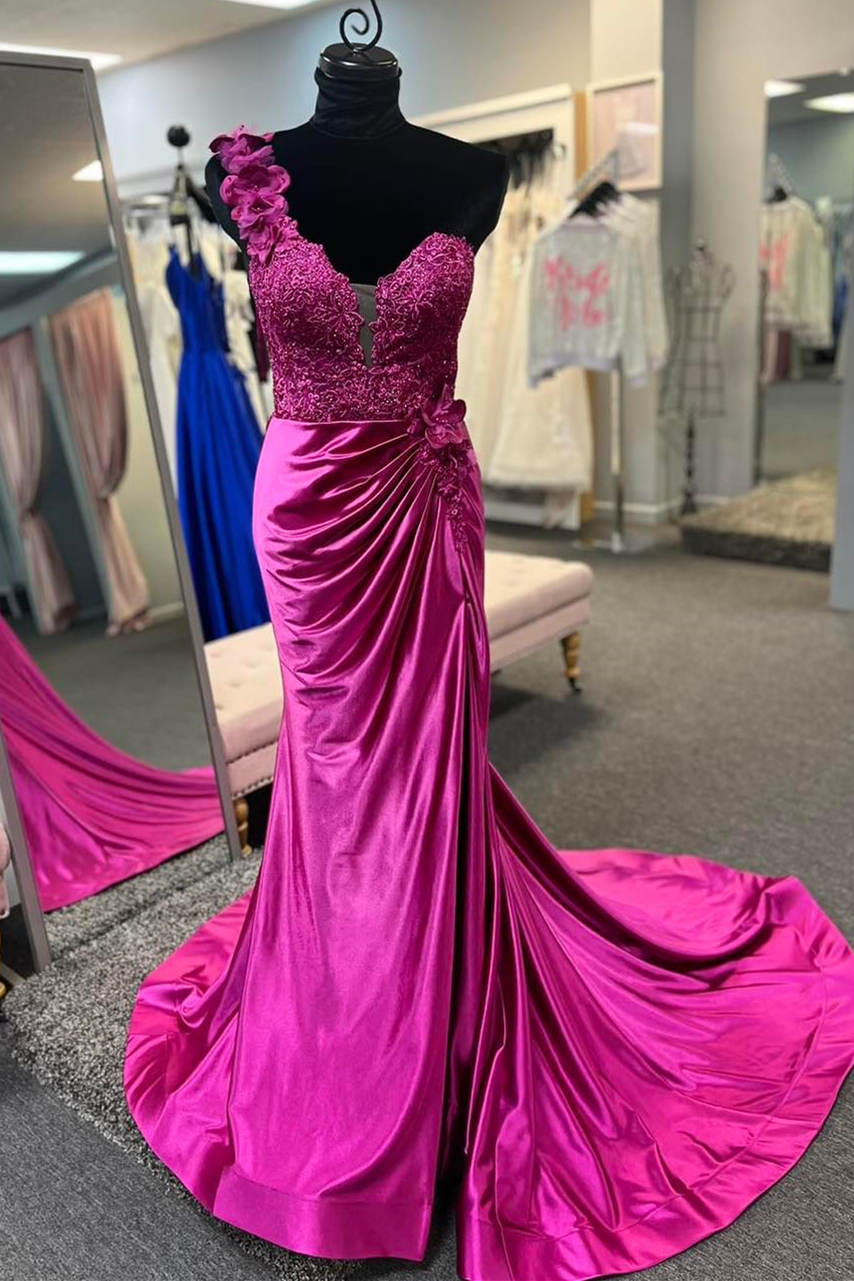 One Shoulder Fuchsia Ruched Long Prom Dress with 3D Flowers