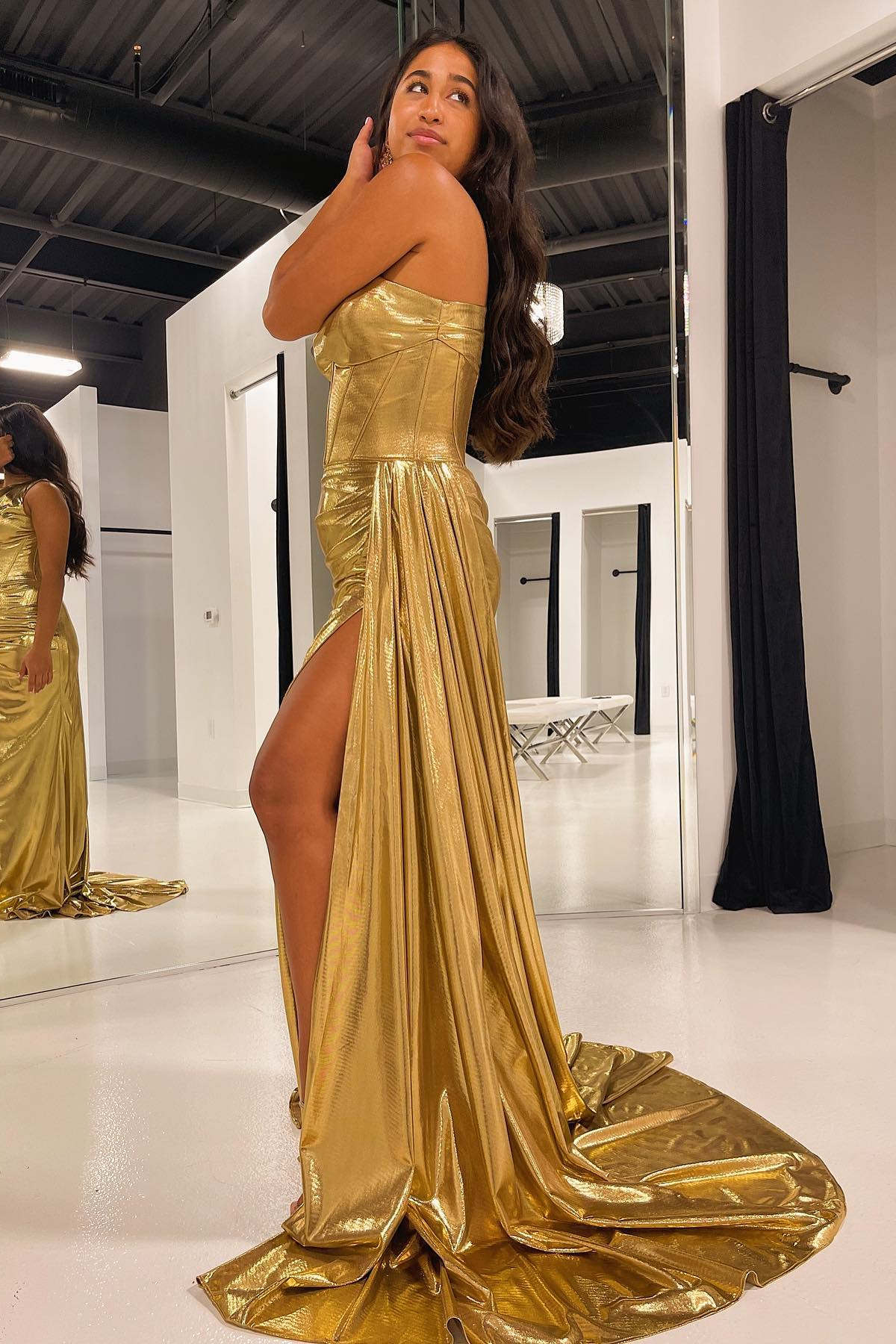 One Shoulder Gold Corset Long Prom Dress with Slit