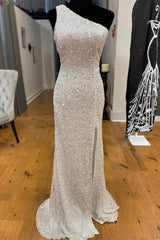 One Shoulder Ivory Sequined Long Party Dress