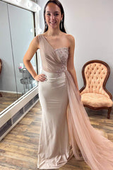 One Shoulder Nude Appliqeus Long Prom Dress with Cape