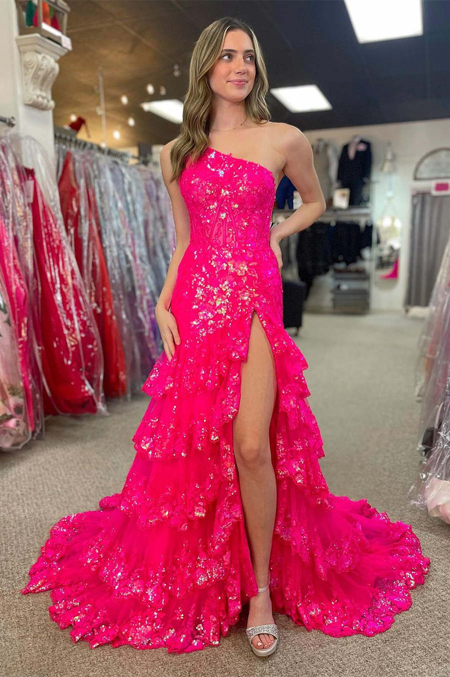 One Shoulder Pink Corset Sequin Tiered Long Formal Dress