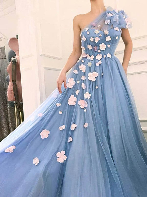 One Shoulder Prom Dress with Flower(s) and Tulle Sweep Train Ball Gown