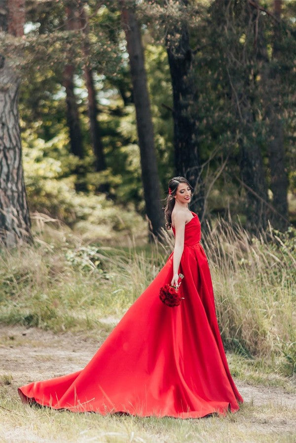 One Shoulder Red Wedding Dress Princess Long Wedding Reception Dress-27dress