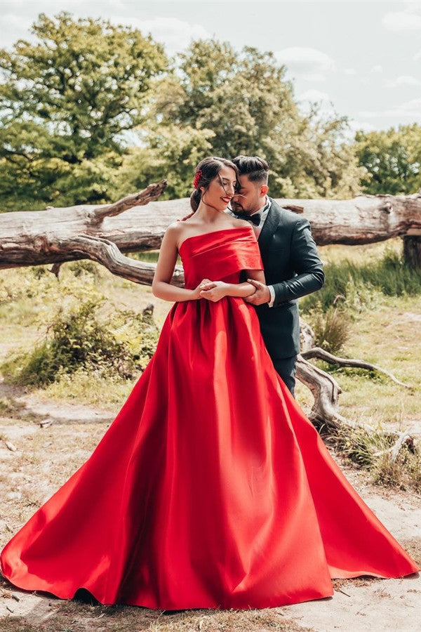 One Shoulder Red Wedding Dress Princess Long Wedding Reception Dress-27dress