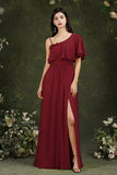 One Shoulder Ruffles Bridesmaid Dress Long With Slit-27dress