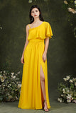 One Shoulder Ruffles Bridesmaid Dress Long With Slit-27dress