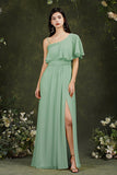 One Shoulder Ruffles Bridesmaid Dress Long With Slit-27dress