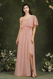 One Shoulder Ruffles Bridesmaid Dress Long With Slit-27dress