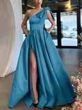 One Shoulder Satin Bow Prom Dress - Elegant Ball Gown/Princess Floor-length