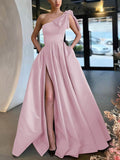 One Shoulder Satin Bow Prom Dress - Elegant Ball Gown/Princess Floor-length