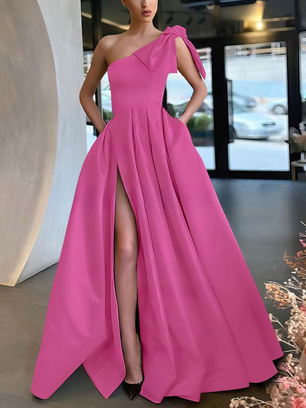 One Shoulder Satin Bow Prom Dress - Elegant Ball Gown/Princess Floor-length