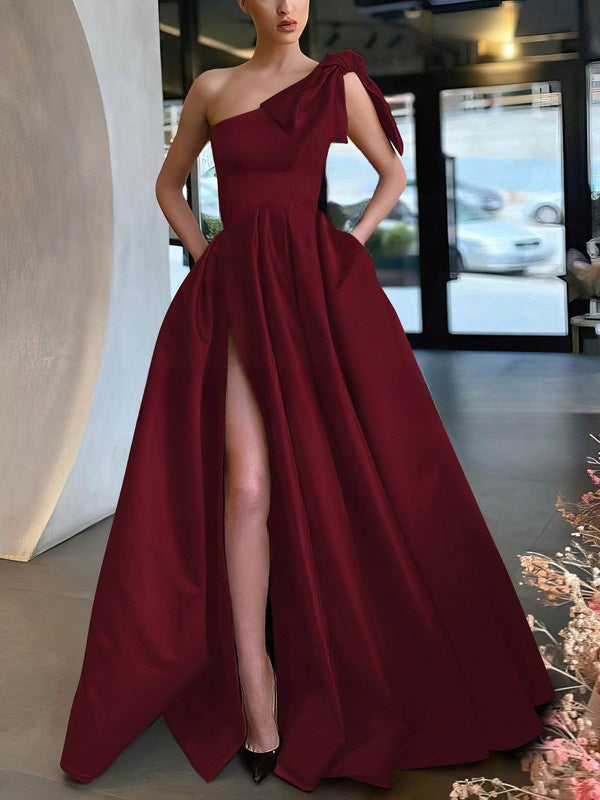 One Shoulder Satin Bow Prom Dress - Elegant Ball Gown/Princess Floor-length