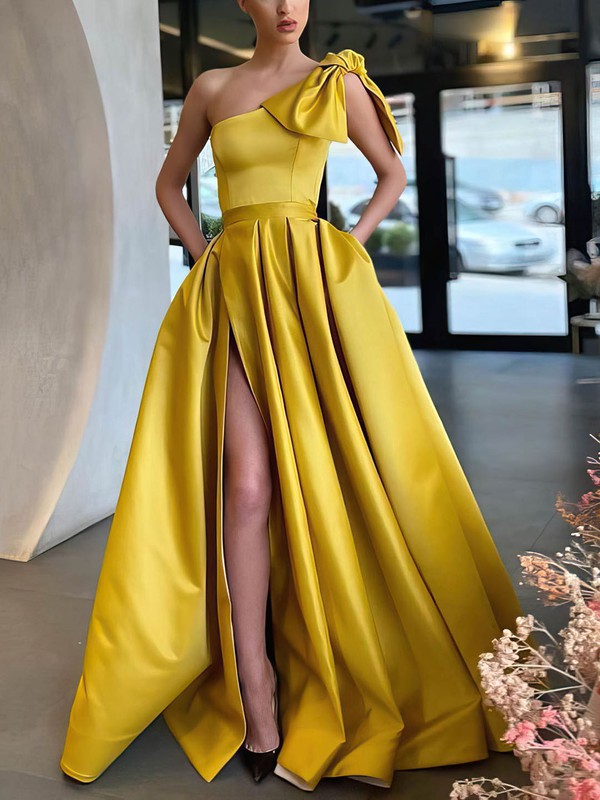 One Shoulder Satin Bow Prom Dress - Elegant Ball Gown/Princess Floor-length