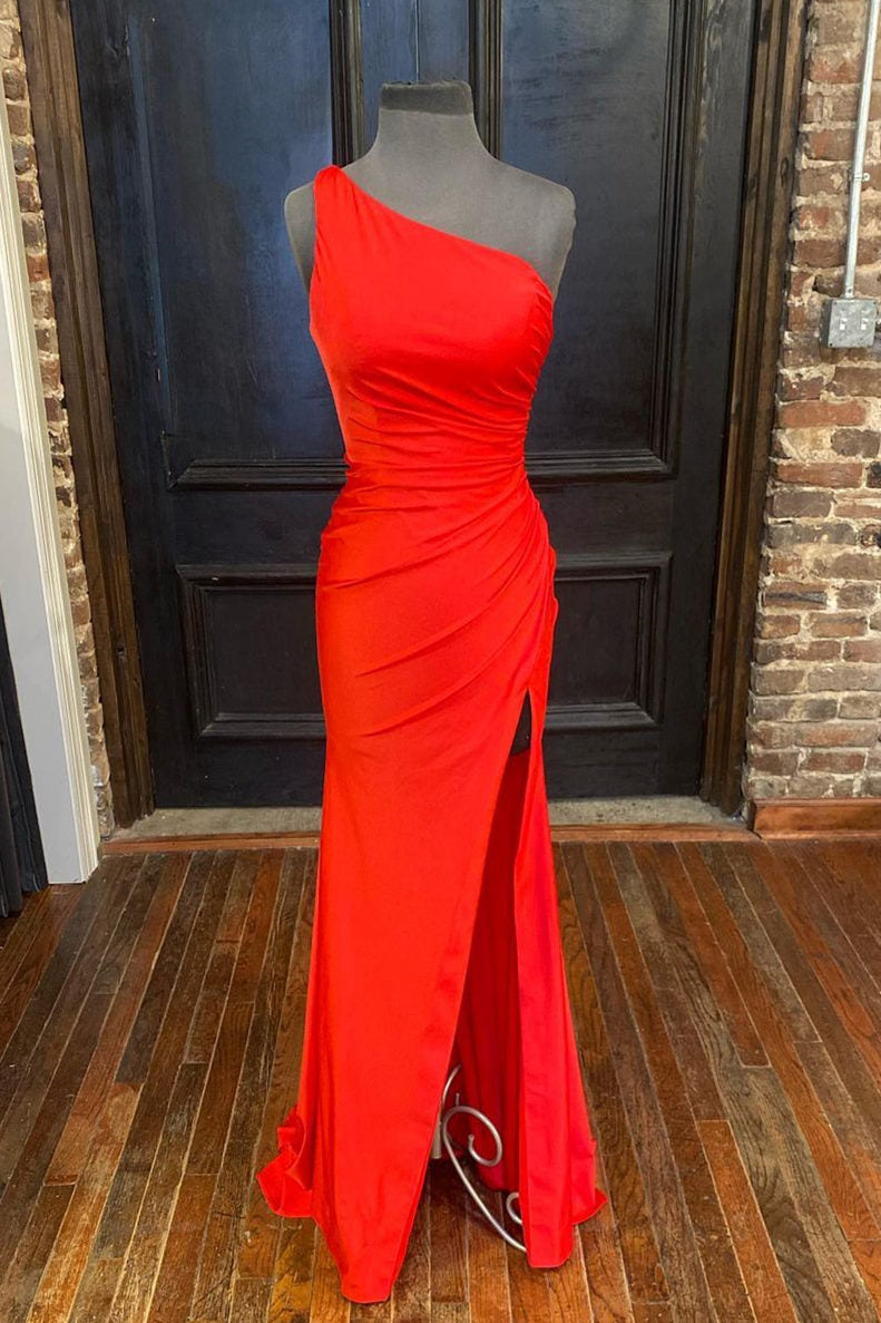 One Shoulder Satin Formal Dress with Slit