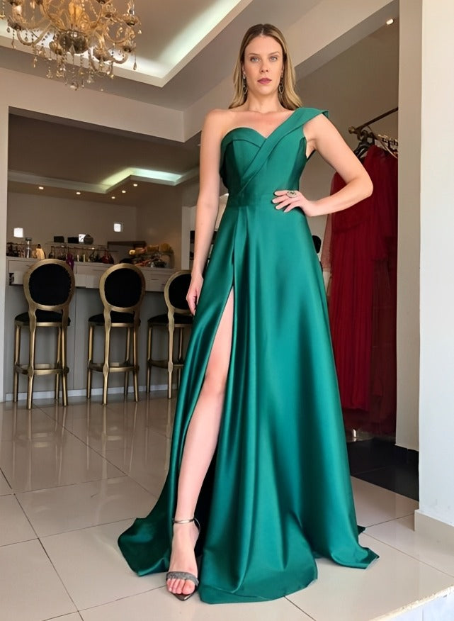 One Shoulder Satin Long Prom Dress with Split Front-27dress