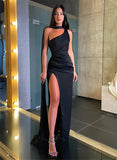 One-Shoulder Satin Prom Dress with Split Front and Sweep Train-27dress