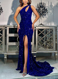 One-Shoulder Sequined Prom Dress with Split Front & Trumpet/Mermaid Sweep Train-27dress