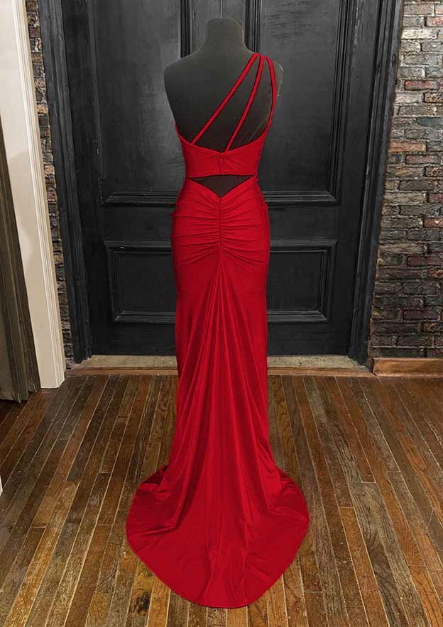 One-Shoulder Sleeveless Prom Dress - Sheath/Column Jersey Long/Floor-Length with Pleated Split-27dress