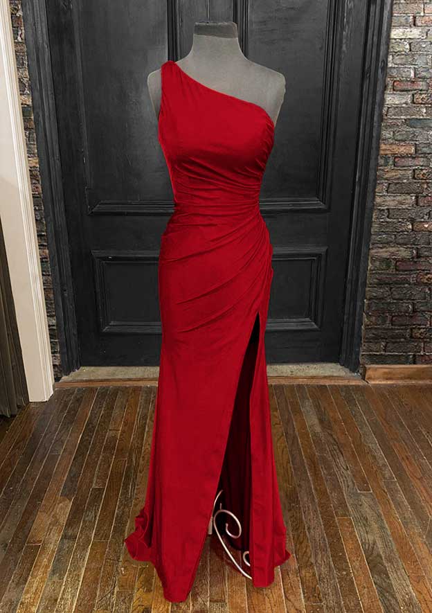 One-Shoulder Sleeveless Prom Dress - Sheath/Column Jersey Long/Floor-Length with Pleated Split-27dress