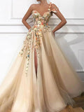 One Shoulder Tulle Flower Prom Dresses with Ball Gown/Princess Sweep Train