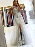 One Shoulder Tulle Prom Dress with Sheath/Column Sweep Train & Beading