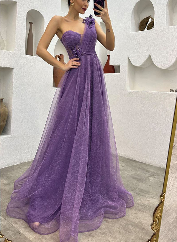 One Shoulder Tulle Prom Dress With Split Front-27dress