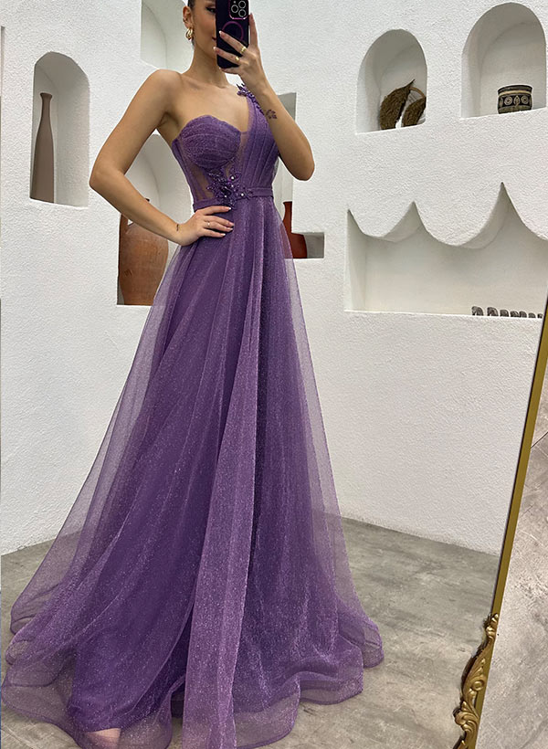 One Shoulder Tulle Prom Dress With Split Front-27dress