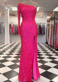 One-Shoulder Velvet Sequins Long/Floor-Length Prom Dress With Split-27dress