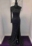 One-Shoulder Velvet Sequins Long/Floor-Length Prom Dress With Split-27dress