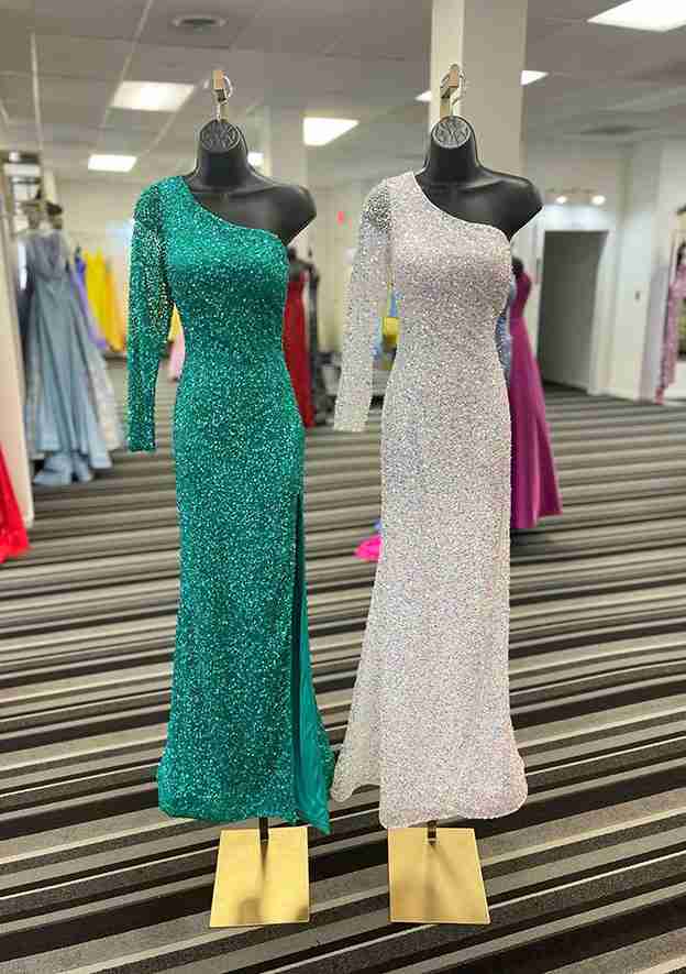 One-Shoulder Velvet Sequins Long/Floor-Length Prom Dress With Split-27dress
