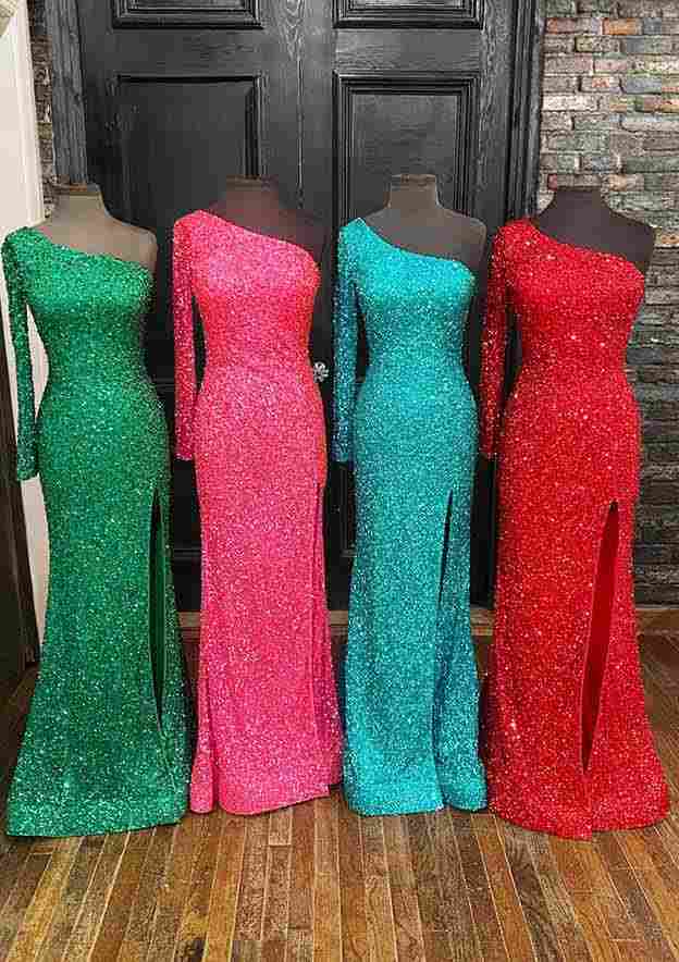 One-Shoulder Velvet Sequins Long/Floor-Length Prom Dress With Split-27dress