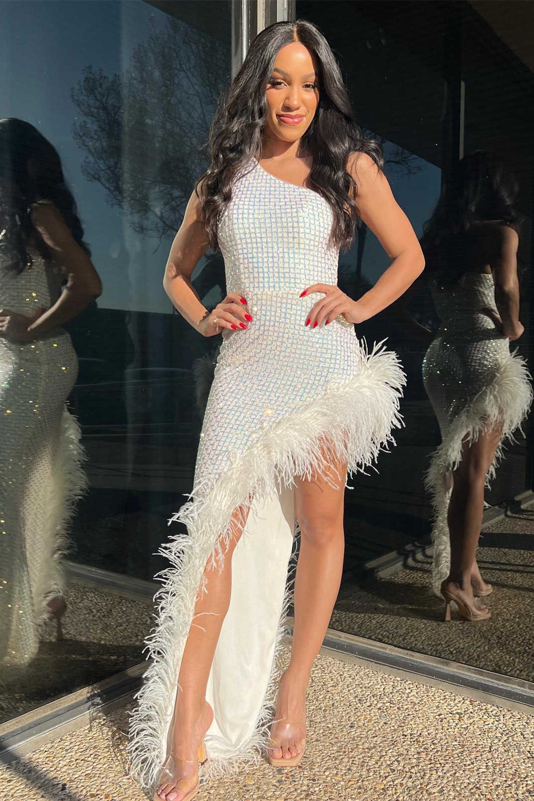 One Shoulder White Rhinestone Grid Long Party Dress with Feathers