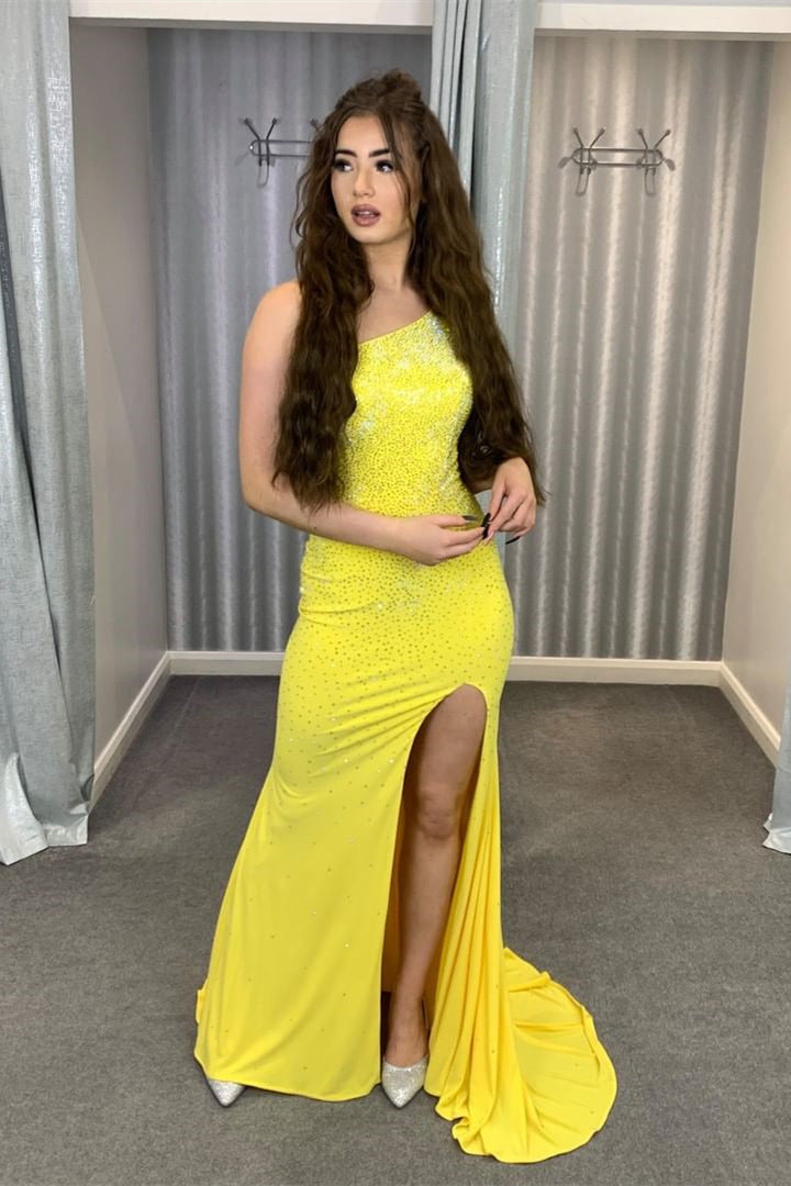 One Shoulder Yellow Beaded Long Prom Dress with Slit