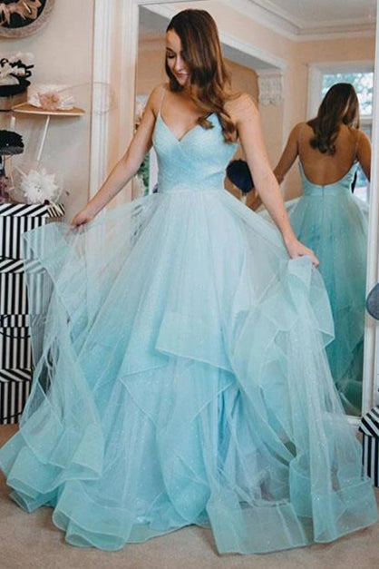 Open Back Glittering Light Blue Long Prom Dress with Ruffles