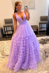 Orange Deep V-Neck A-line Tulle Layers Long Prom Dress