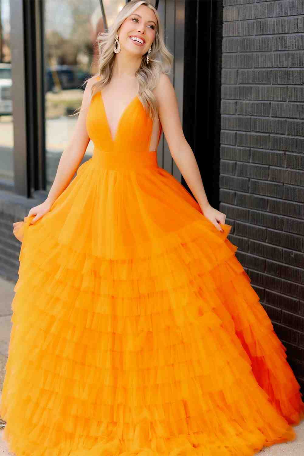 Orange Deep V-Neck A-line Tulle Layers Long Prom Dress