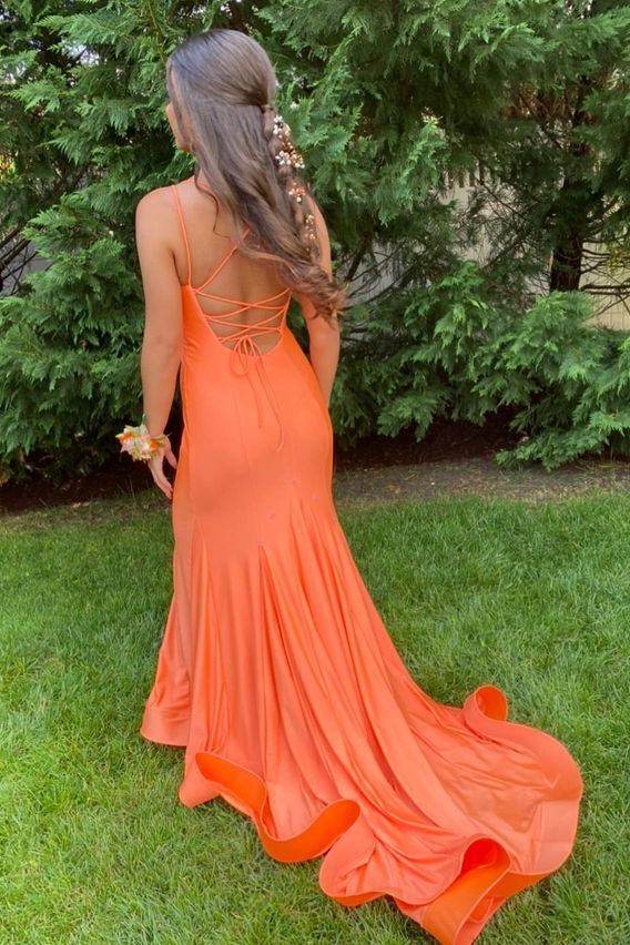 Orange Satin Mermaid Prom Dress with Lace-up