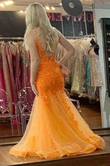 Orange V Neck Mermaid Tulle Applique Backless Long Prom Dress