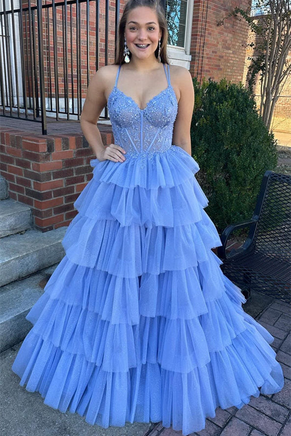 Periwinkle Double Straps Lace Corset Layered Prom Dress